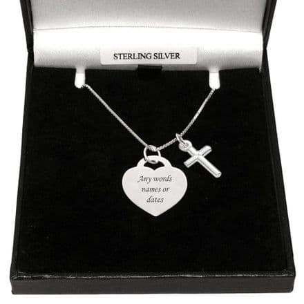 Sterling Silver Personalised Necklace, Heart and Cross Charm