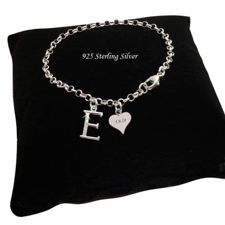 Sterling Silver Rolo Charm Bracelet, Personalised, Engraved Tag and Letter