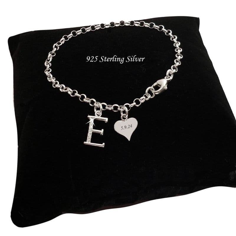 Sterling Silver Rolo Charm Bracelet, Personalised, Engraved Tag and Letter | Charming Engraving