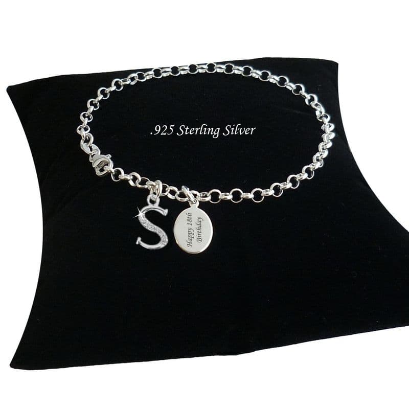 Sterling Silver Rolo Charm Bracelet with Letter Charm, Any Engraving | Charming Engraving