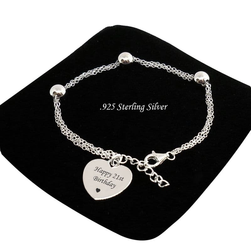 Three Bead Silver Bracelet with Engraved Heart | Charming Engraving
