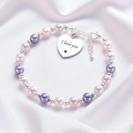 Three Colour Pearl Bracelet with Engraved Heart