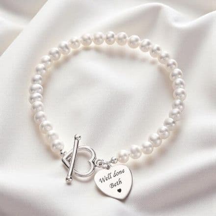 White Pearl Bracelet with Engraved Heart
