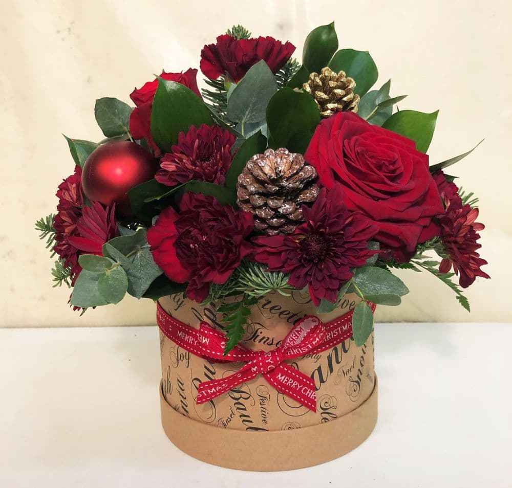 Blossom Florists Christmas Flowers Hatbox Festive Arrangement