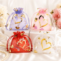 50 Heart Print Organza Gift Bags 7x5cm
