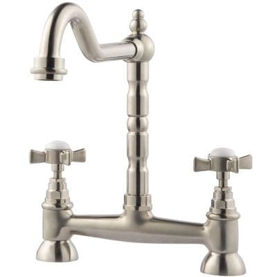 Clearwater Baroc Twin Crosshead Bridge Mixer With Swivel Spout Brushed Nickel BBN Kitchen Tap