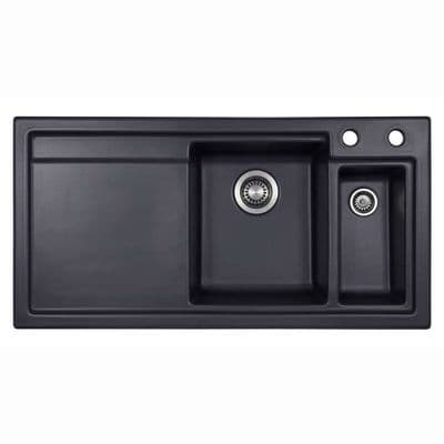 Clearwater Lydian Chef 1.5 Bowl & Drainer Left Hand Drainer Kitchen Sink Black Satin LYD1020LBL