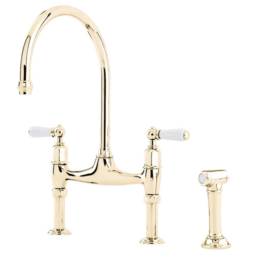 Perrin & Rowe Ionian Two-Hole Sink Mixer Kitchen With Porcelain Lever Handles And Rinse Gold 4173IG