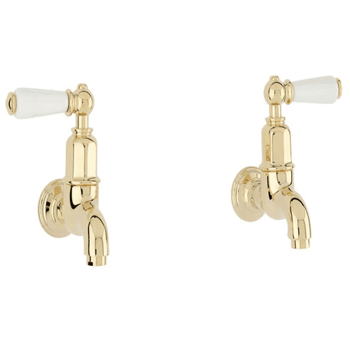Perrin & Rowe Mayan Bibcocks Wall Mounted With Porcelain Lever Handles Pair Gold 4322IG