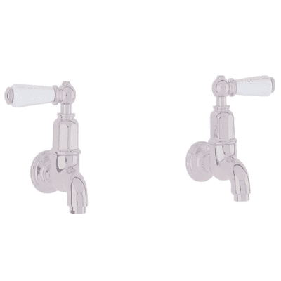 Perrin & Rowe Mayan Bibcocks Wall Mounted With Porcelain Lever Handles Pair Pewter 4322PF