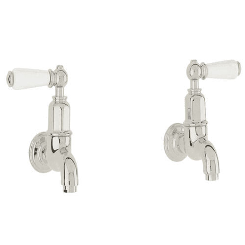 Perrin & Rowe Mayan Bibcocks Wall Mounted With Porcelain Lever Handles Pair Polished Nickel 4322NI