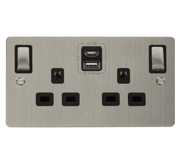Click Define FPSS586BK 2 Gang 13A Switched Socket 42A A&C USB Stainless ...