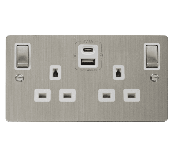 Click Define FPSS586WH 2 Gang 13A Switched Socket 42A A&C USB Stainless ...