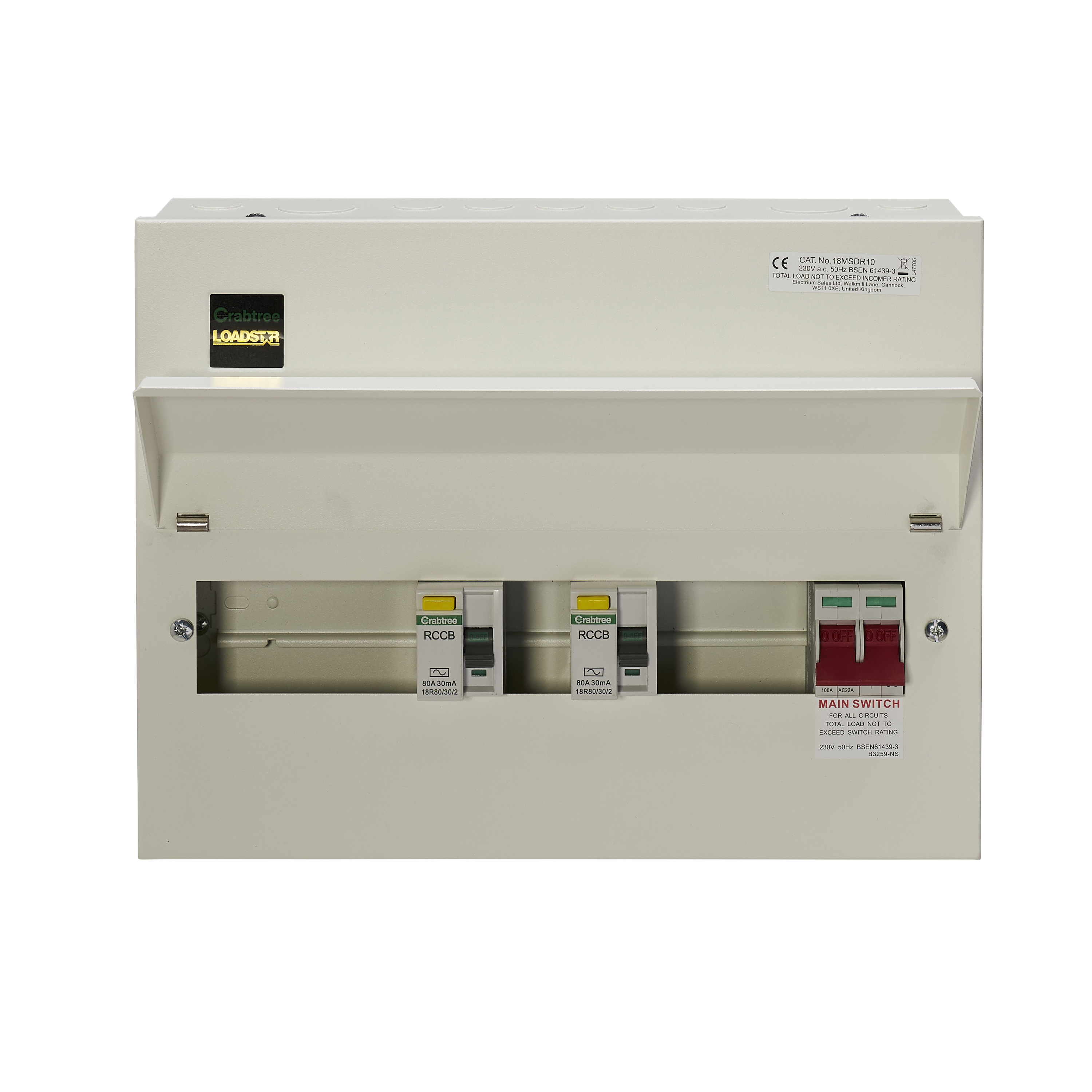 Crabtree 18MSDR10 Loadstar 10 Way Dual RCD Consumer Unit 100A Main ...