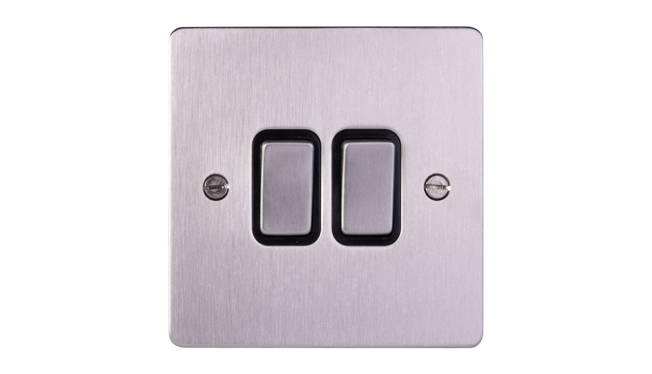 Deta 8102SSB Ultra Flatplate 2 Gang 2 Way 10AX Plate Switch Stainless Steel Black Insert Box Of 5