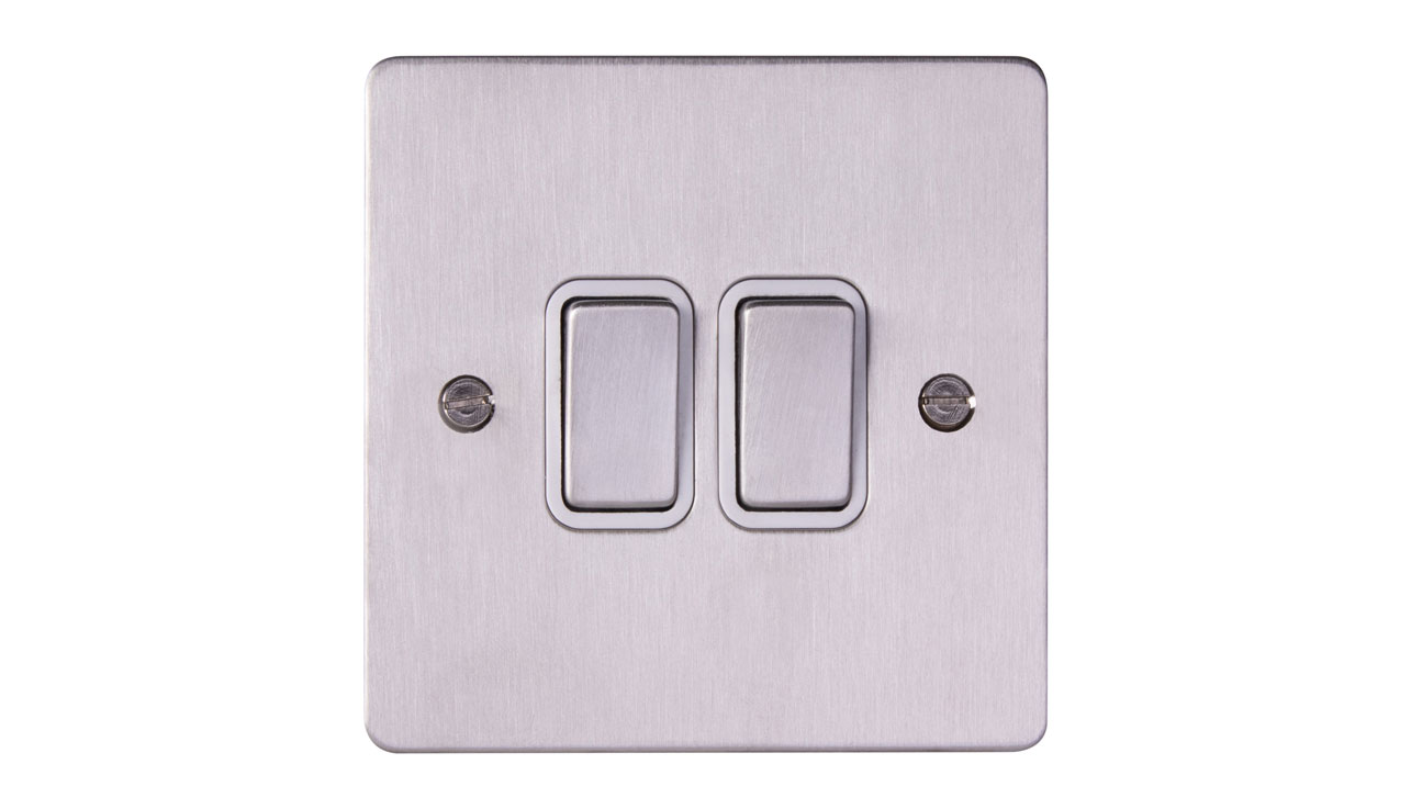 Deta 8102SSW Ultra Flatplate 2 Gang 2 Way 10AX Plate Switch Stainless Steel White Insert Box Of 5