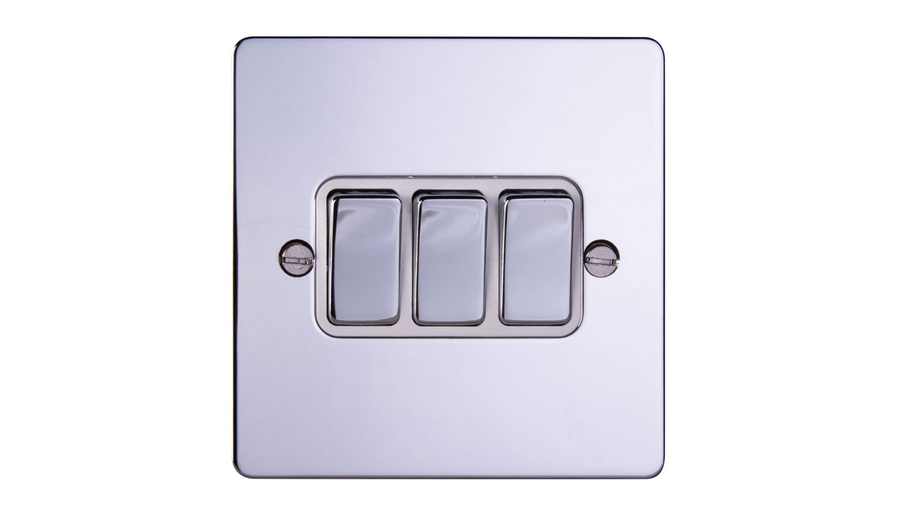 Deta 8103CHW Ultra Flatplate 3 Gang 2 Way 10AX Plate Switch Chrome White Insert Box Of 5