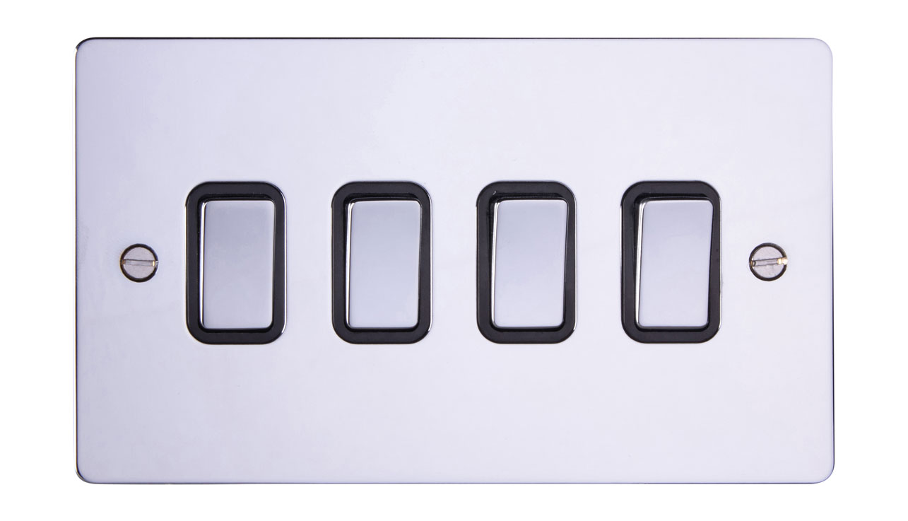 Deta 8104CHB Ultra Flatplate 4 Gang 2 Way 10AX Plate Switch Chrome Black Insert Box Of 5
