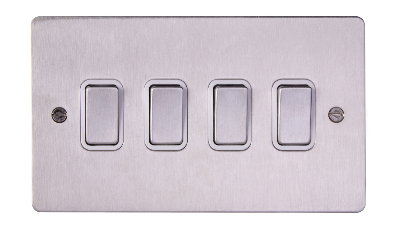 Deta 8104SSW Ultra Flatplate 4 Gang 2 Way 10AX Plate Switch Stainless Steel White Insert Box Of 5