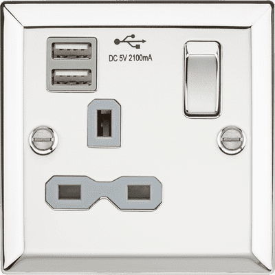 ML Accessories CV91PCG 13A 1G Switched Socket Dual USB Charger - Bevelled Edge Polished Chrome