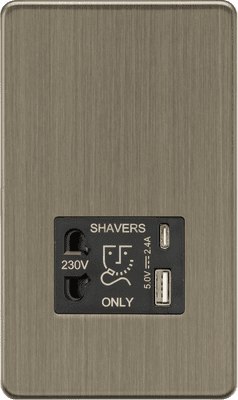 ML Accessories SF8909AB Shaver socket with dual USB A+C (5V DC 2.4A shared) - Antique Brass