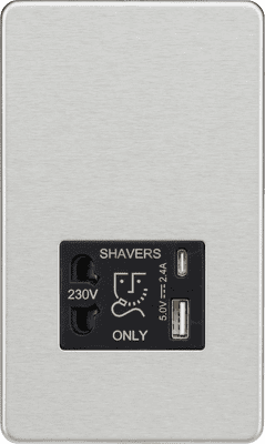 ML Accessories SF8909BC Screwless Dual USB A+C Shaver Socket 5v DC 2.4A Shared in Brushed Chrome