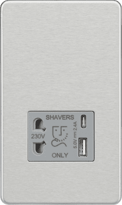 ML Accessories SF8909BCG Screwless Dual USB A+C Shaver Socket 5v DC 2.4A Shared in Brushed Chrome