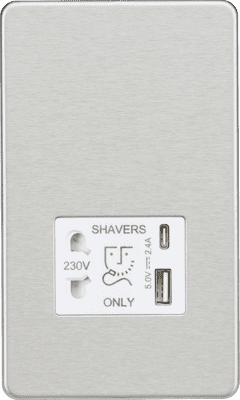 ML Accessories SF8909BCW Screwless Dual USB A+C Shaver Socket 5v DC 2.4A Shared in Brushed Chrome