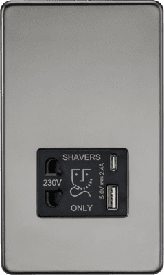 ML Accessories SF8909BN Screwless Dual USB A+C Shaver Socket 5v DC 2.4A Shared in Black Nickel