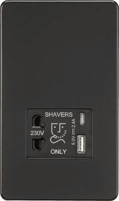 ML Accessories SF8909MB Screwless Dual USB A+C Shaver Socket 5v DC 2.4A Shared in Matt Black