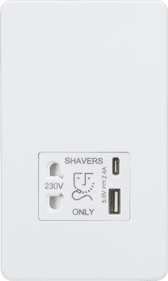 ML Accessories SF8909MW Screwless Dual USB A+C Shaver Socket 5v DC 2.4A Shared in Matt White
