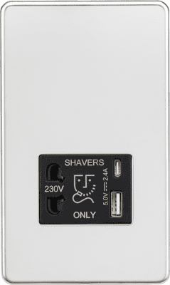 ML Accessories SF8909PC Screwless Dual USB A+C Shaver Socket 5v DC 2.4A Shared in Polished Chrome