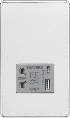 ML Accessories SF8909PCG Screwless Dual USB A+C Shaver Socket 5v DC 2.4A Shared in Polished Chrome
