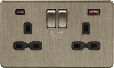 ML Accessories SFR9945AB 13A 2G DP Switched Socket with Dual USB A+C 20V DC 2.25A (Max. 45W) - Antiq