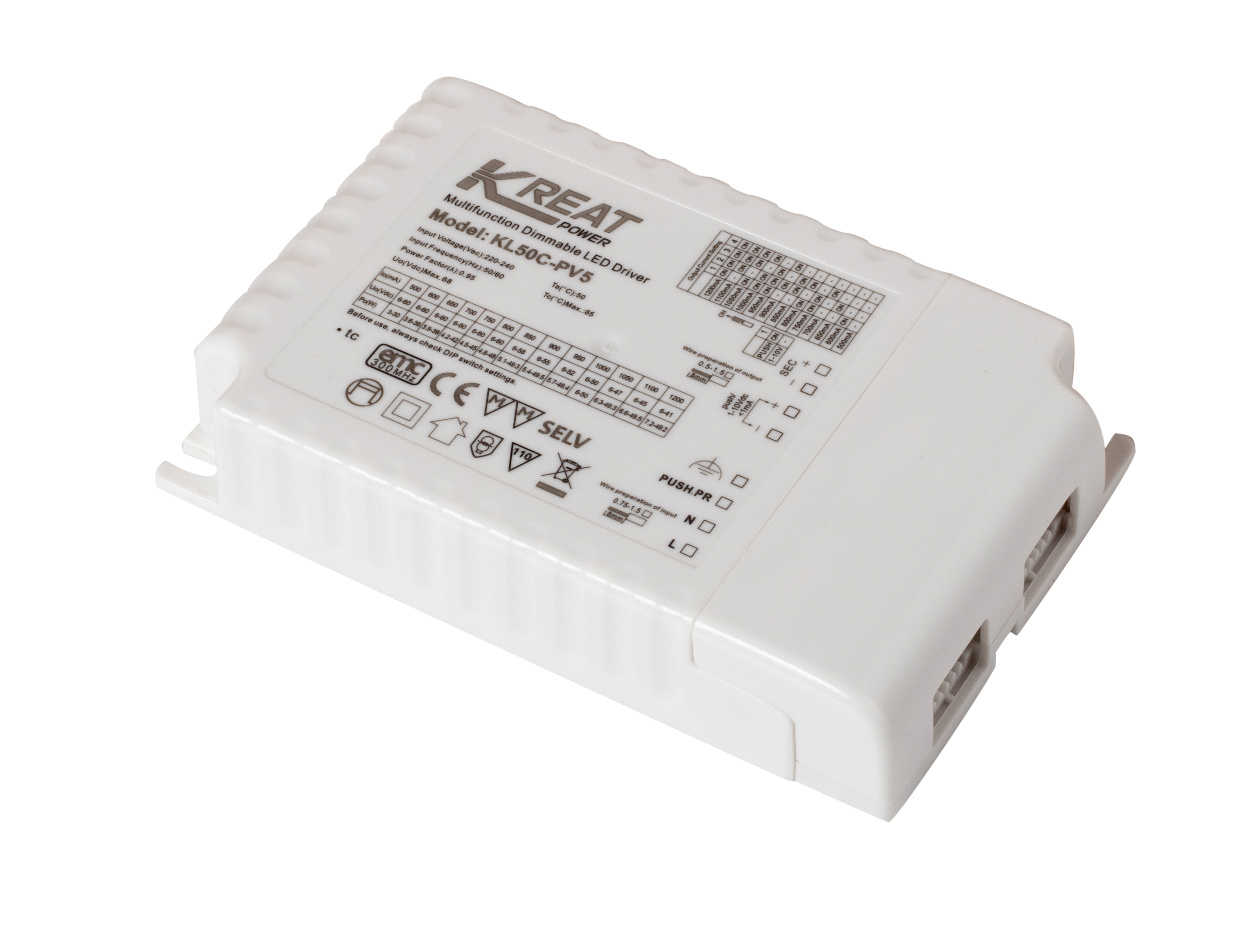 Robus KL50C-PV5 50W 1-10v Dim And Push Dim Driver 500-1200ma