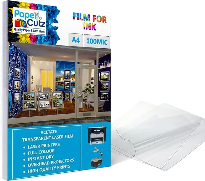 A4 Laser Acetate Sheets, 100 Micron, Printable OHP Film, Transparent