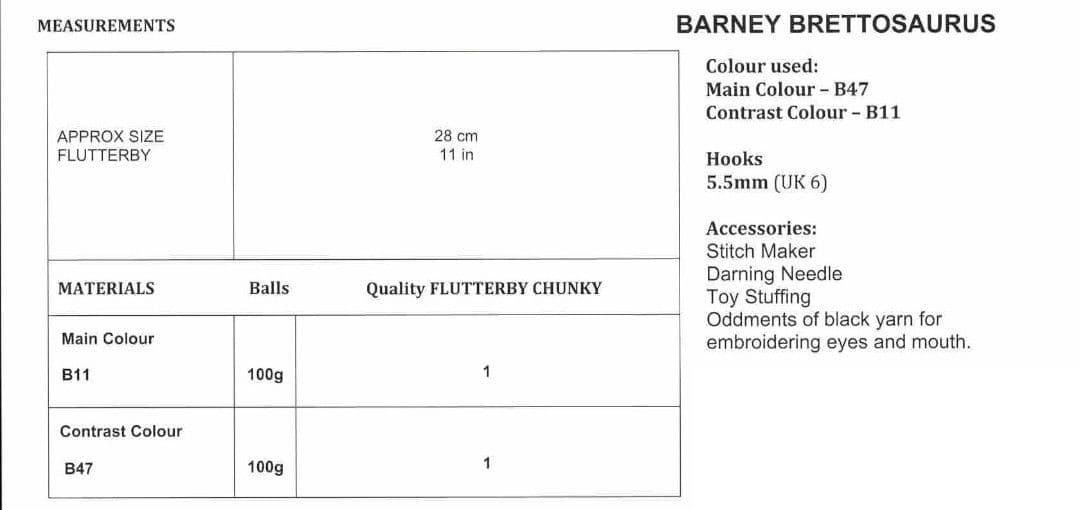 James C Brett Flutterby Chunky Crochet Barney Brettosaurus Pattern JB934