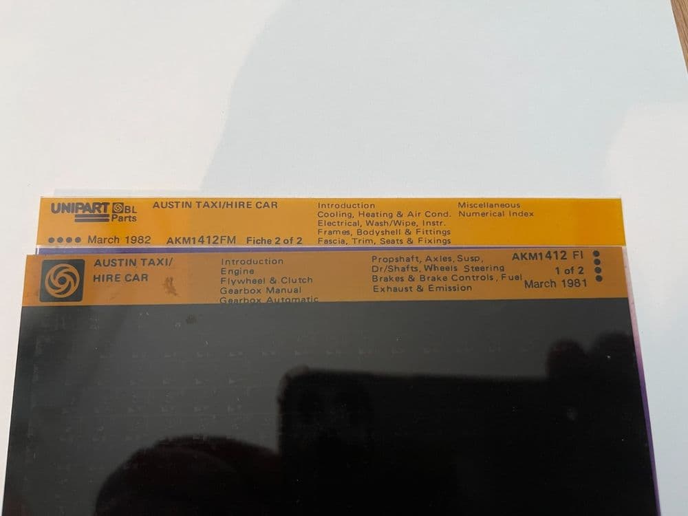 AUSTIN TAXI, HIRE CAR, FX4 PARTS CATALOGUE MICROFICHE SET NEW OLD STOCK