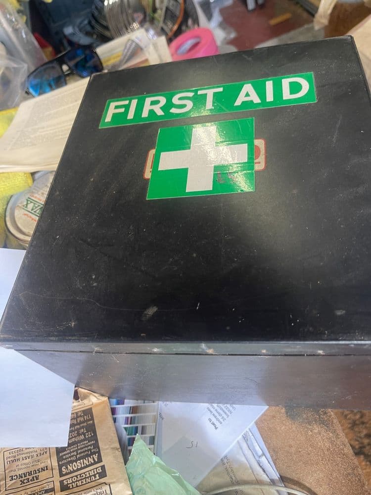 CLASSIC CAR WORKSHOP MAN CAVE FIRST AID CABINET STILL FULL 1981