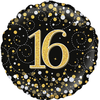 16th Birthday Fizz Black & Gold Foil Balloon (18