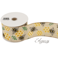 Bee & Honeycomb Natural Wired Edge Ribbon 63mm x  9m (Eleganza) | Free Delivery