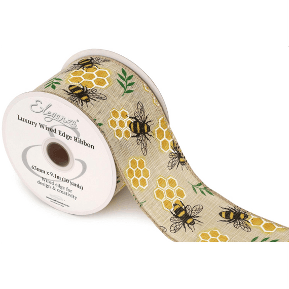 Bee & Honeycomb Natural Wired Edge Ribbon 63mm x  9m (Eleganza) | Free Delivery