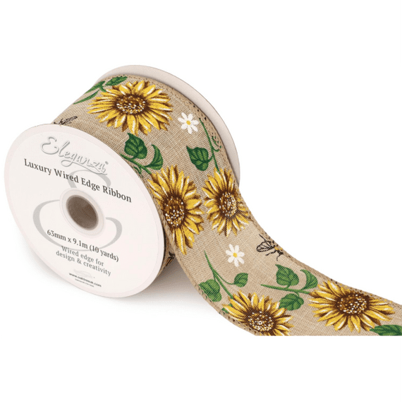 Bee & Sunflower Natural Wired Edge Ribbon 63mm x  9m (Eleganza) | Free Delivery