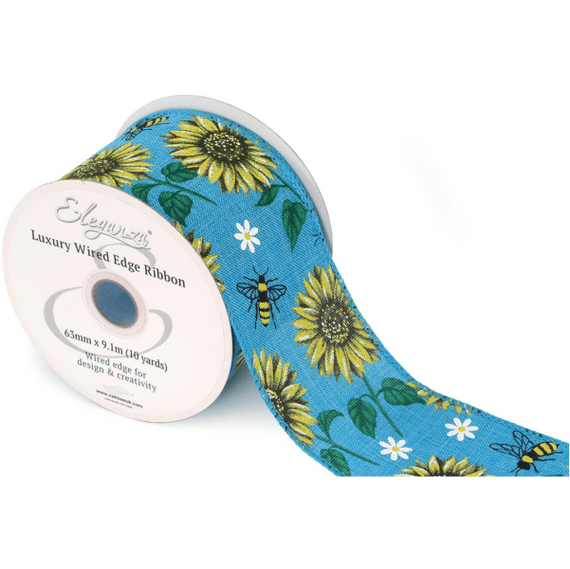 Bee & Sunflower Turquoise Wired Edge Ribbon 63mm x  9m (Eleganza) | Free Delivery