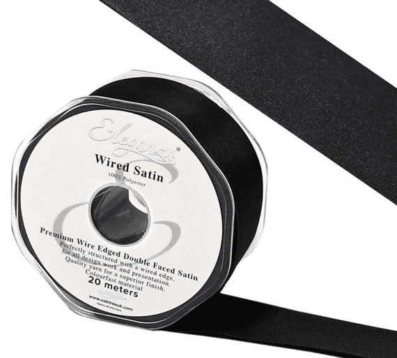 Black Wired Edge Double Faced Satin Ribbon 50mm x 20m | Wholesale