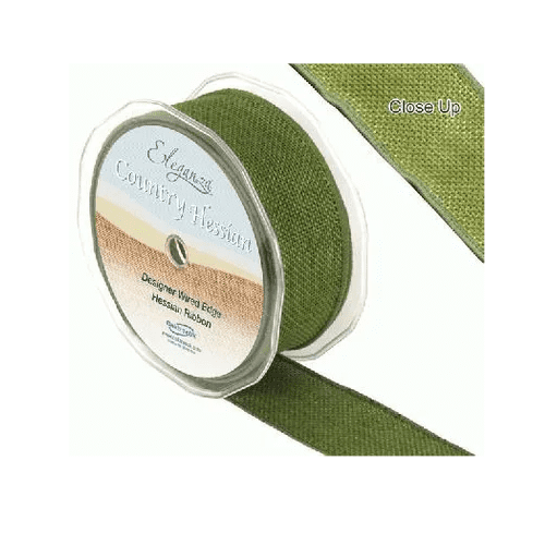 Green Wired Edge Country Hessian Ribbon 38mm x 10m