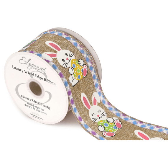 Easter Bunny Natural Wired Edge Ribbon 63mm x  9m (Eleganza) | Free Delivery