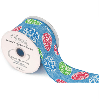 Easter Eggs Blue Wired Edge Ribbon 63mm x 9m (Eleganza) 1pc