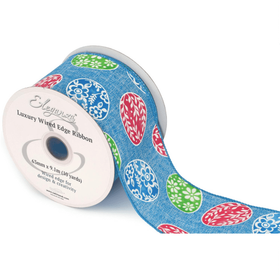 Easter Eggs Blue Wired Edge Ribbon 63mm x  9m (Eleganza) | Free Delivery
