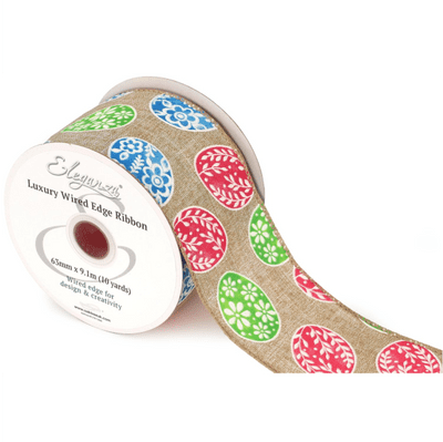 Easter Eggs Natural Wired Edge Ribbon 63mm x 9m (Eleganza) 1pc